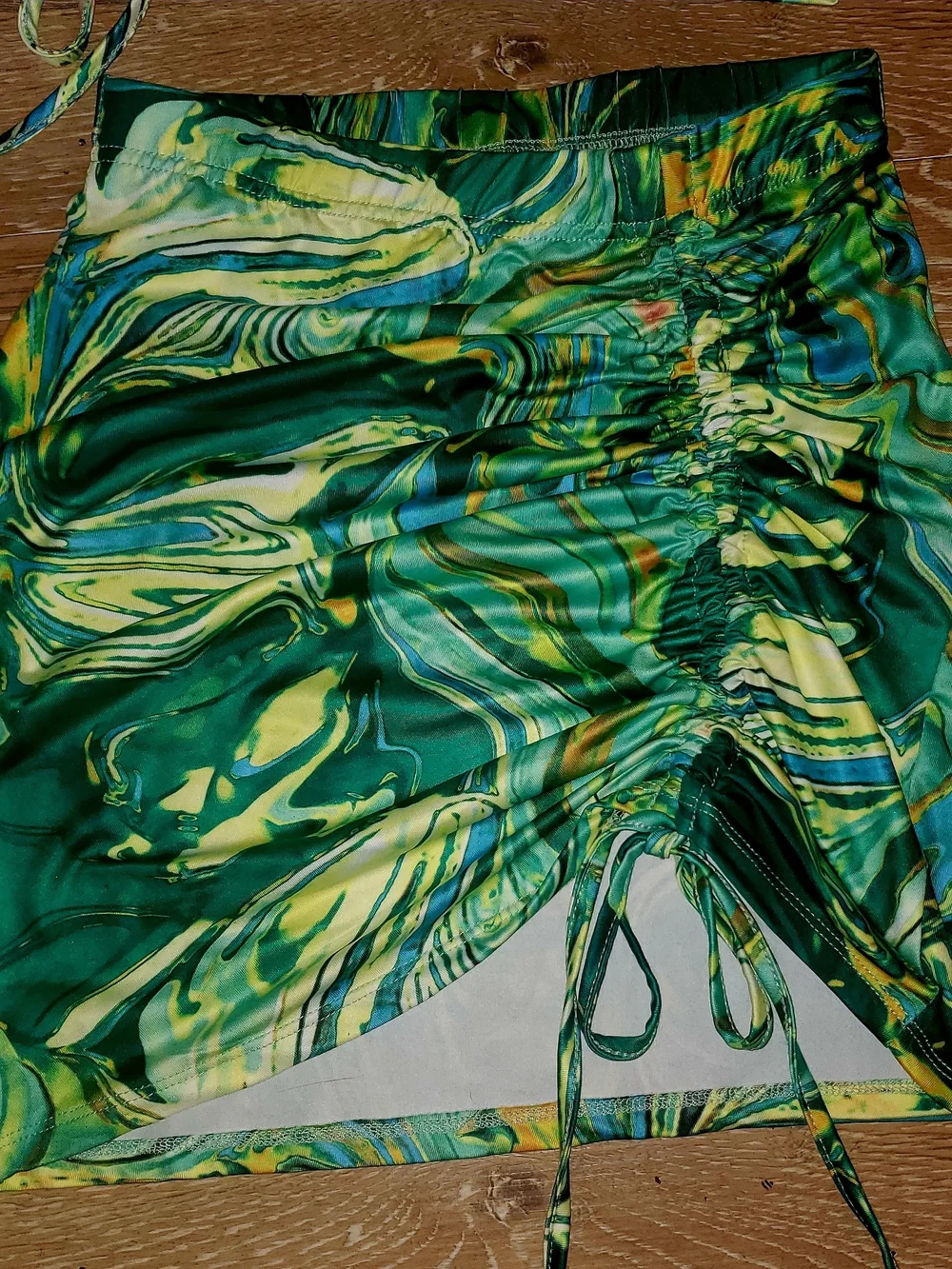 One-Shoulder Green & Yellow Marble Print Crop Top & Ruched Skirt Set